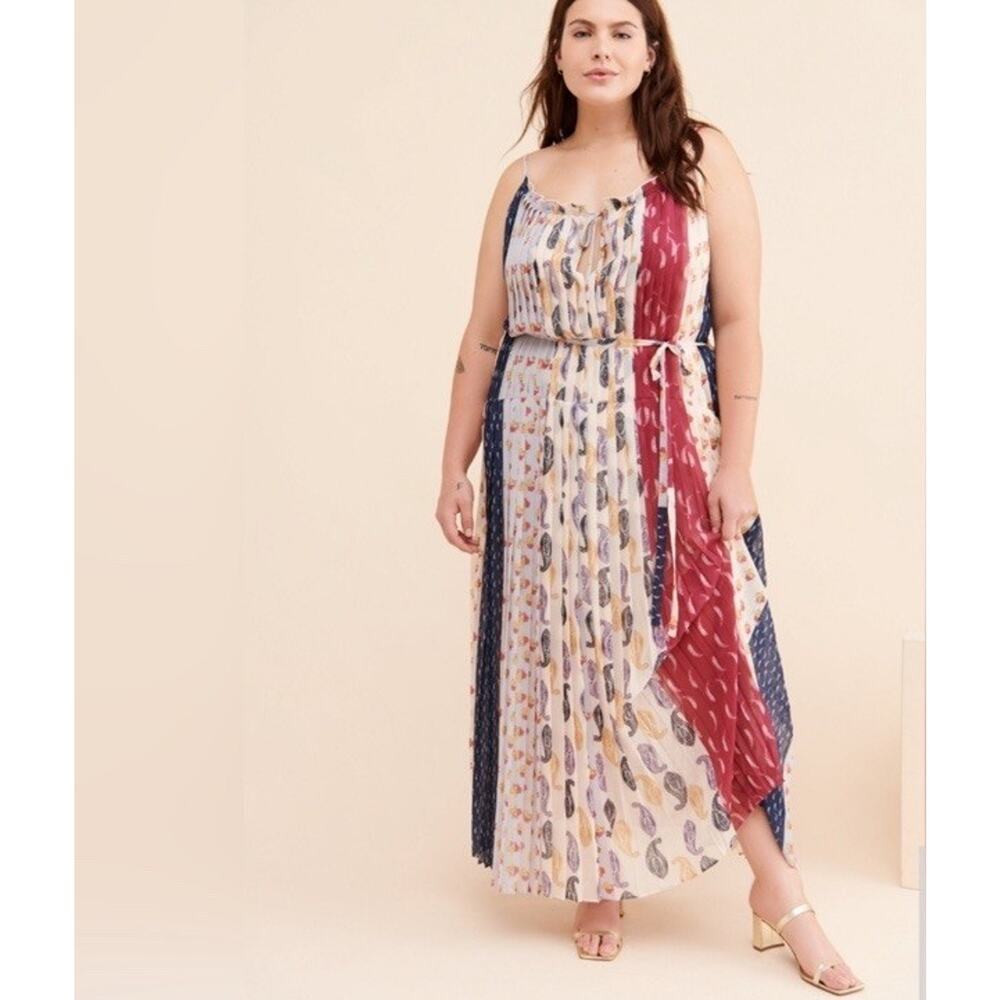 ML Monique Lhuillier Tapestry Pleated Maxi Dress 20W Retail $595 Boho Luxury